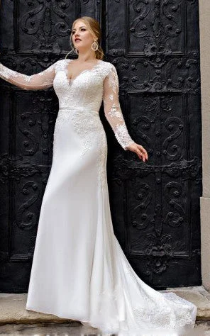 A-line dressCasual A Line Floor-length Long Sleeve Satin V-neck Wedding Dress with Appliques-716190