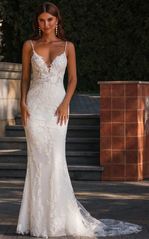 ruffle dressCasual Mermaid Spaghetti Plunging Neckline Lace Wedding Dress with Appliques-716378