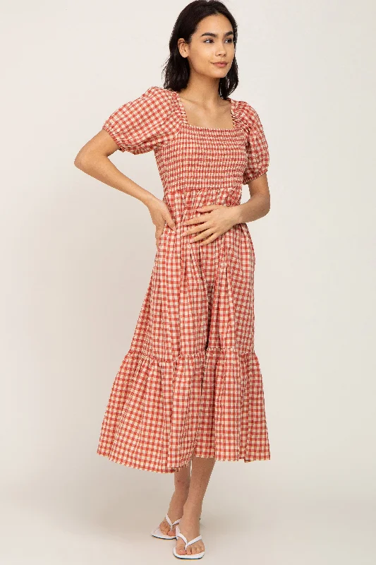 Closeout stylish dressRust Gingham Smocked Midi Dress
