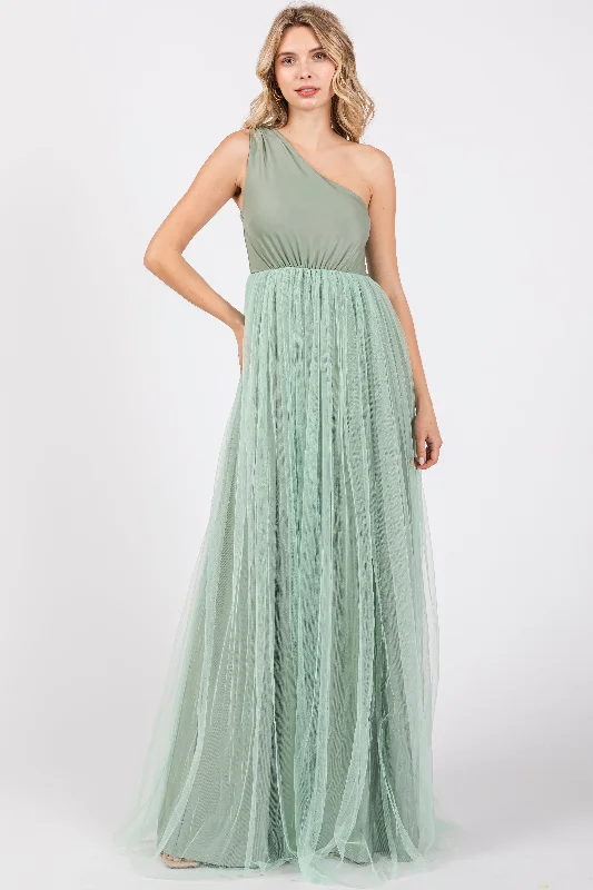 Value Deals floral wrap dressLight Olive One Shoulder Tulle Maxi Dress