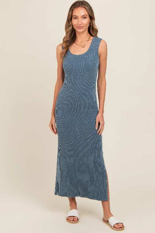 Deal Dash wool dressBlue Ribbed Side Slit Maxi Dress