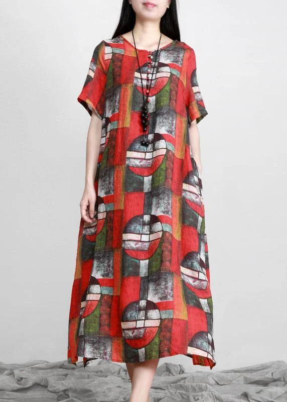 Deal Mania trendy bodycon dressElegant Red Print Linen Dress Pockets