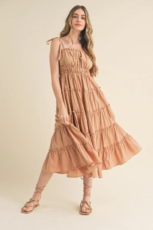Best Bargains party-ready dressCamel Tiered Tie Strap Midi Dress