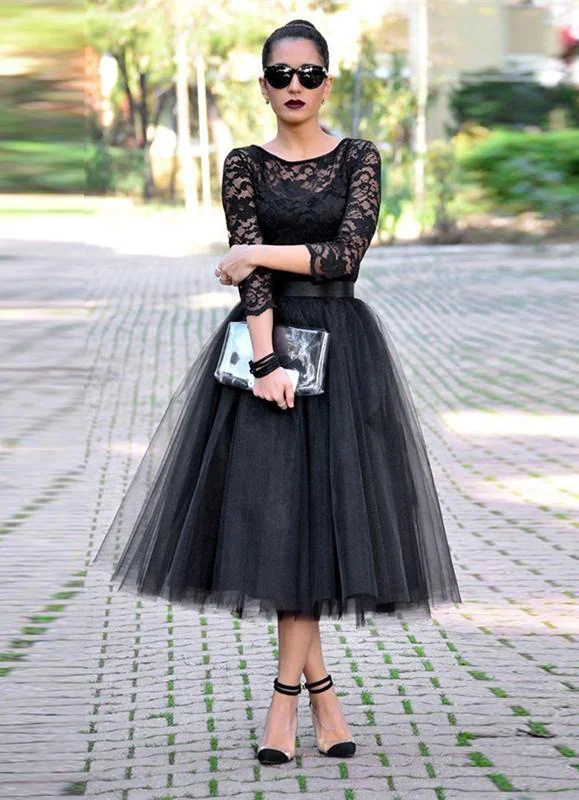 textured dressSexy Black Lace 3 4 Sleeve Prom Dresses 2016 Tulle Tea-Length-318851