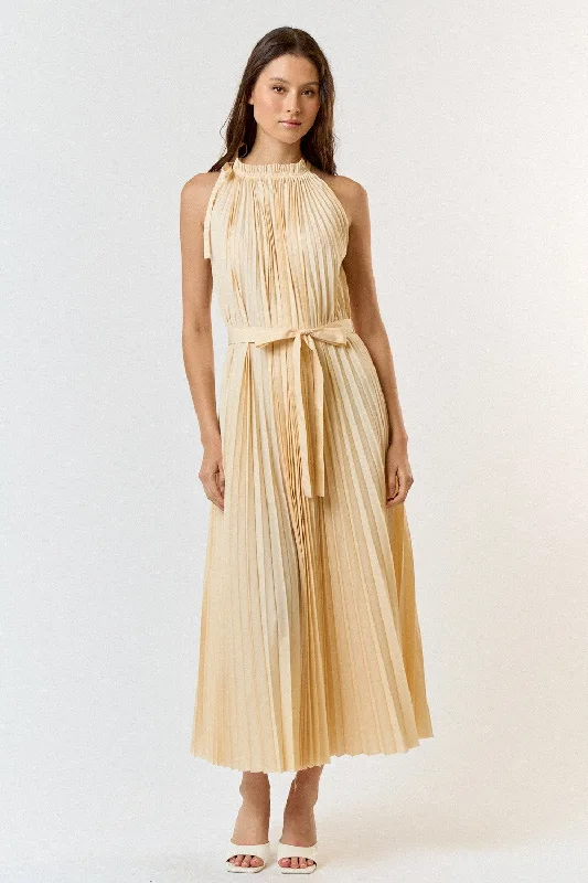 Can't Be Beat boho-chic dressCream Pleated Empire Tied Waist Midi Dress