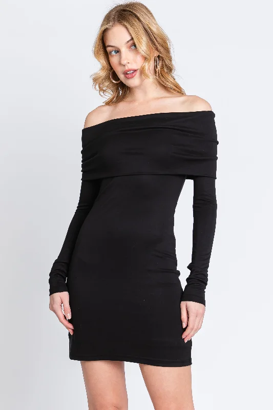 Super Sale pleated dressBlack Foldover Off Shoulder Long Sleeve Dress