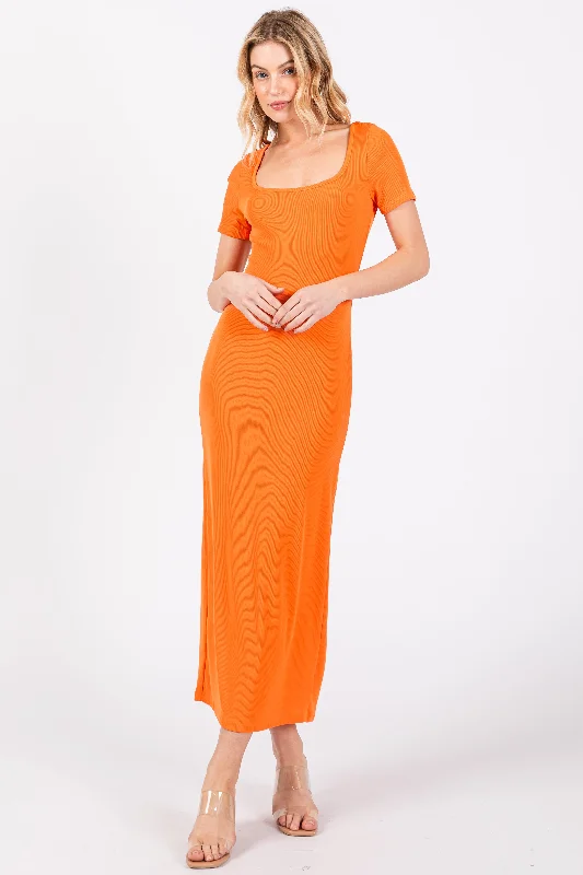 Special Promotion flowy evening dressOrange Ribbed Fitted Midi Dress