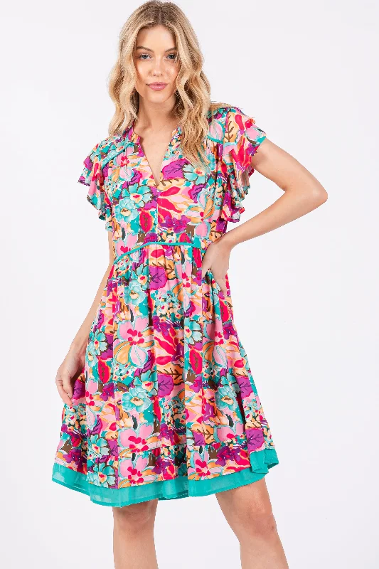 Final Clearance puff sleeve dressPink Multicolor Ruffle Accent Dress