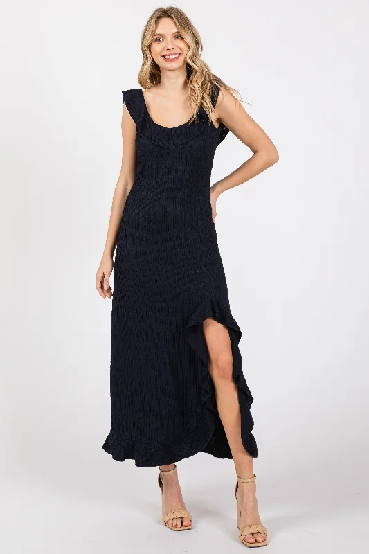 Price Slash flowy evening dressNavy Textured Sleeveless Ruffle Slit Maxi Dress