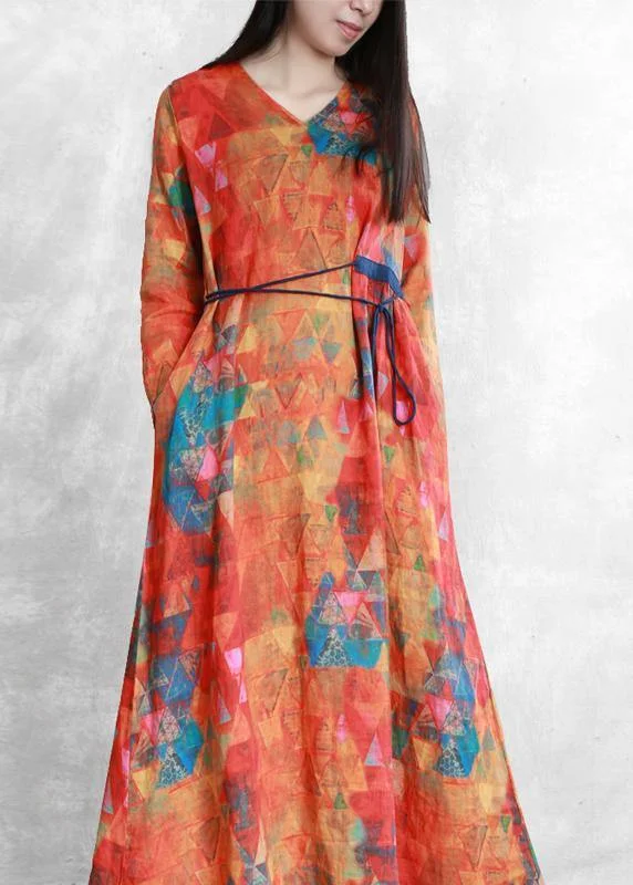 Buy More, Save More ashionable dressWomen orange print linen clothes v neck tunic long summer Dresses