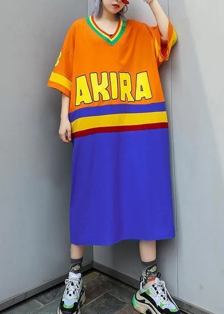 Deep Discounts formal dressWomen v neck half sleeve cotton clothes Inspiration orange blue patchwork Plus Size Dress summer Deep Discounts formal dressWomen v neck half sleeve cotton clothes Inspiration orange blue patchwork Plus Size Dress summer