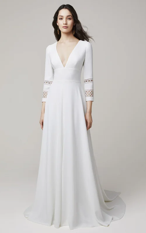 vintage-inspired dressModern Simple A-Line V-Neck Wedding Dress Unique Sexy Low Back 3/4 Sleeve Floor Length Sweep Train Bridal Gown