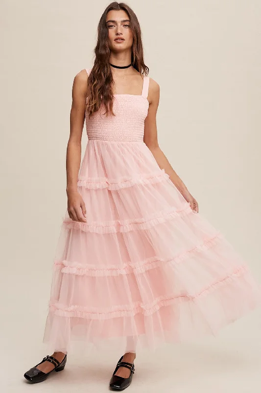 Huge Savings floral midi dressLight Pink Smocked Ruffle Tiered Tulle Midi Dress