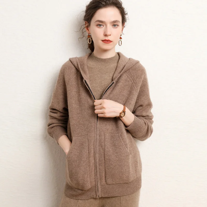 Price Slash Cashmere Cardigan for Women Full Zip Hooded Long Sleeve Zip Up Cashmere Cardigan
