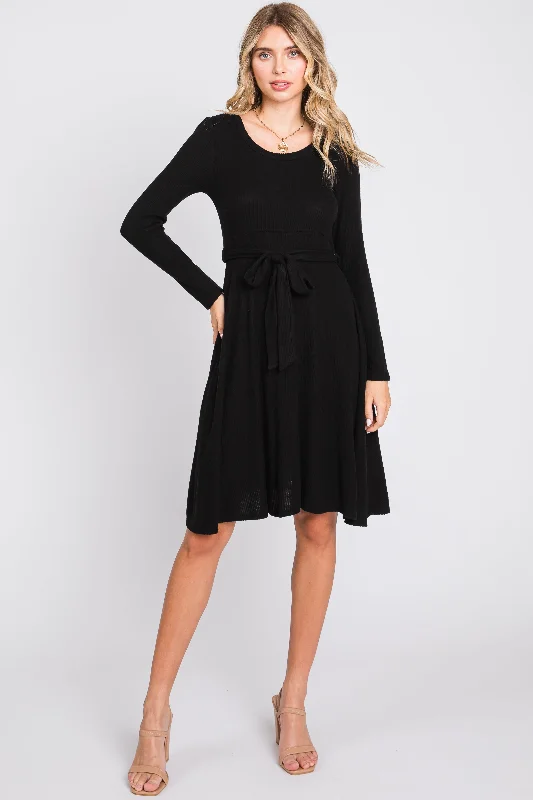 Price Break casual evening dressBlack Soft Rib Knit Sash Tie Dress
