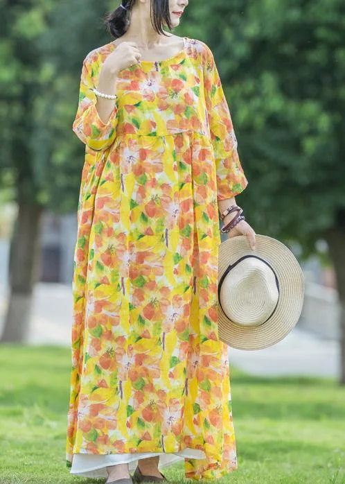 Value Deals floral dressWomen yellow print linen dresses o neck asymmetric Traveling summer Dresses