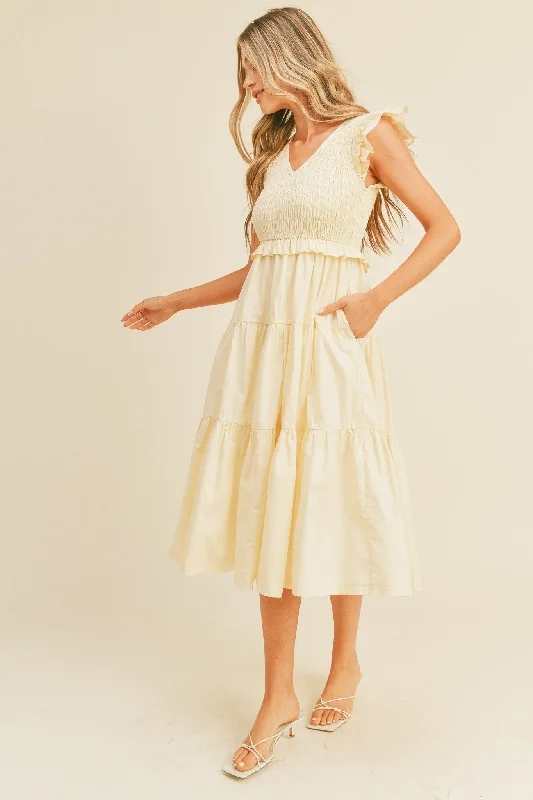 Clearance Sale tiered dressCream Smocked Flutter Sleeve Tiered Midi Dress