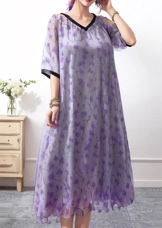 pleated maxi dressStyle Purple V Neck Print Loose Silk Dress Summer