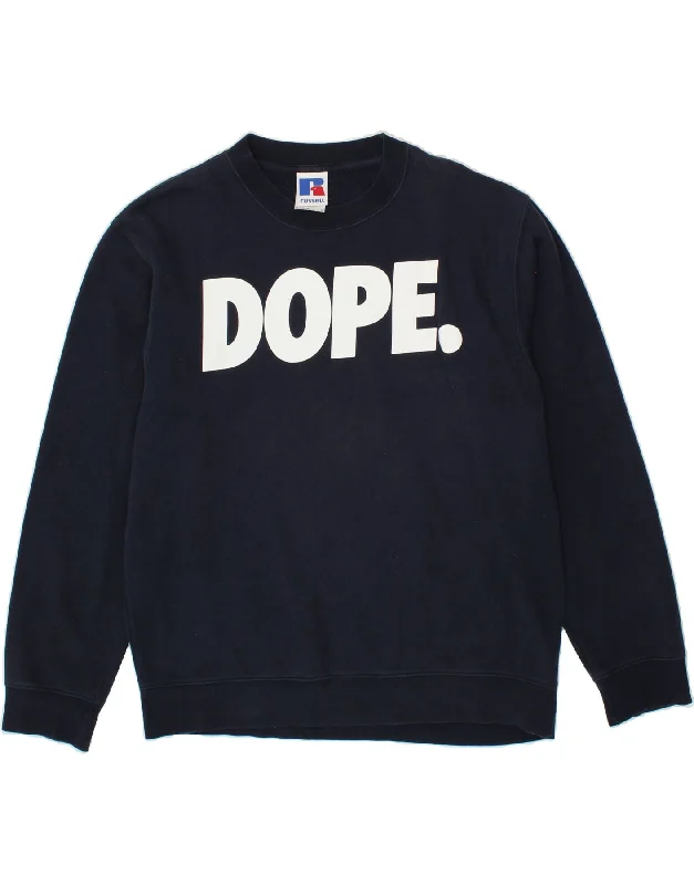 Deal Mania RUSSELL ATHLETIC Mens Graphic Sweatshirt Jumper Large Navy Blue Cotton