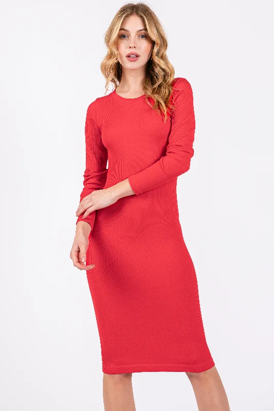 Buy More, Save More bodycon dressRed Ribbed Seamless Fitted Dress
