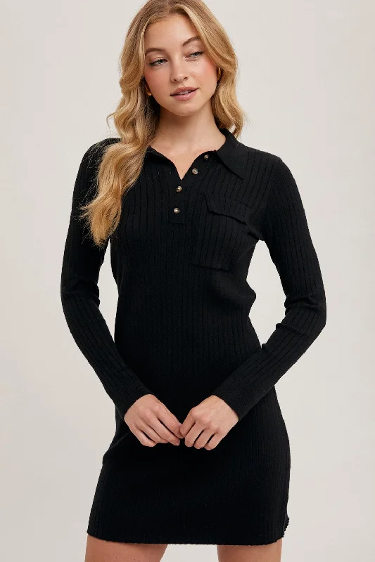 Savings Galore minimalistic dressBlack Ribbed Knit Henley Dress
