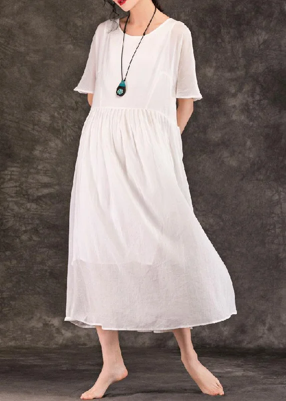 Take Advantage A-line dressWomen white linen Long Shirts o neck pockets patchwork Maxi summer Dress