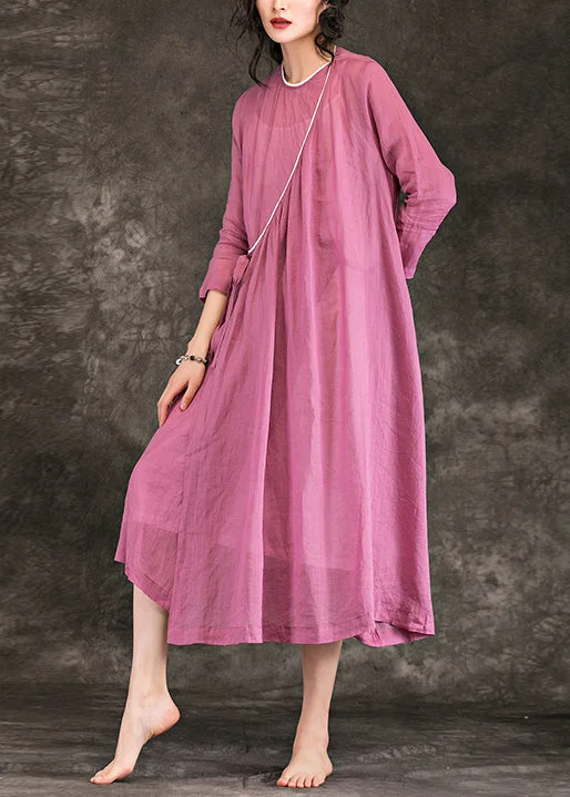 Stock Up and Save summer dressWomen o neck tie waist linen Long Shirts Fine Shirts pink Plus Size Dress Summer