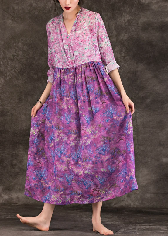 Today’s Special off-shoulder dressWomen purple print linen dresses fine v neck patchwork loose spring Dresses