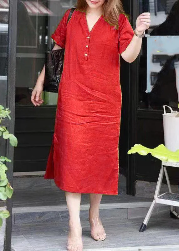 romantic dressSimple Red V Neck Patchwork Side Open Long Dresses Summer