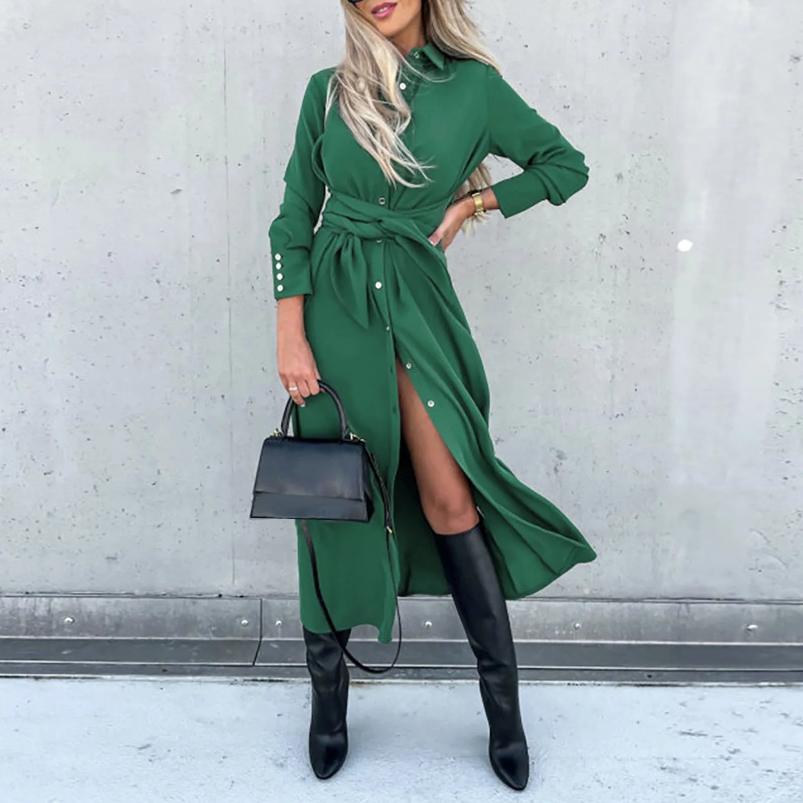 t-shirt dressJuliaFashion - 2024 New Autumn Casual Fashion Lace Up Long Shirt Solid Button Cardigan Elegant Office Lady Maxi Dress