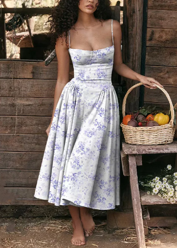 wrap dressSexy Blue Print Bustier Top Cotton Spaghetti Strap Dress Sleeveless