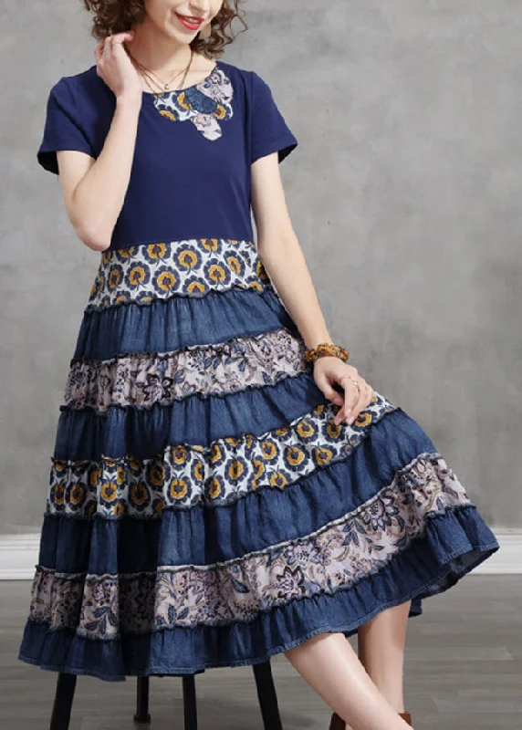 Big Discounts puff sleeve dressFashion Blue O-Neck Cinched Patchwork Cotton pleated Dresses Short Sleeve