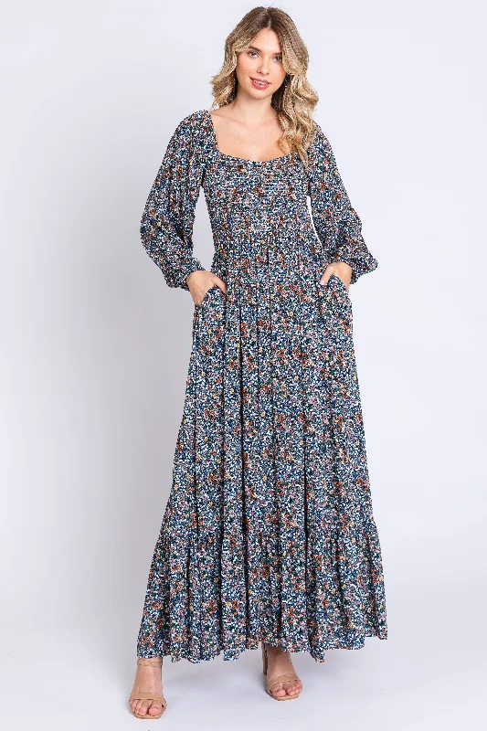 Today’s Special ashionable dressNavy Floral Long Sleeve Maxi Dress
