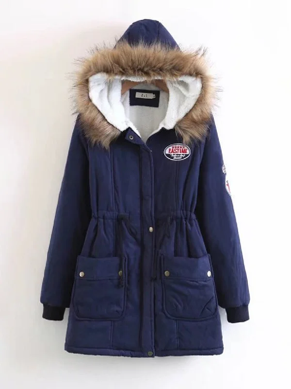 Buy Now insulated winter jacketFur Collar Drawstring Double Pocket Versatile Cotton Coat