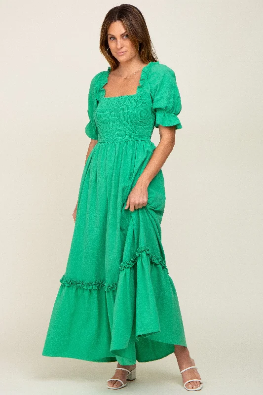 Special Price fitted cocktail dressGreen Puff Sleeve Ruffle Accent Maxi Dress