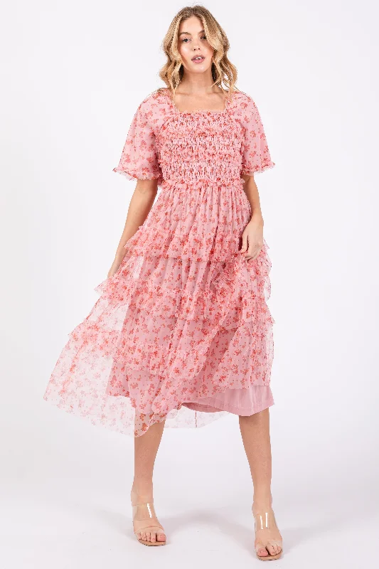 Now or Never casual shift dressPink Floral Tulle Smocked Ruffle Tiered Midi Dress