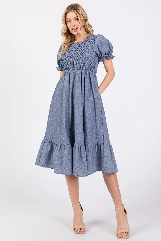 Fantastic Offers floral dressBlue Chambray Smocked Puff Sleeve Dress