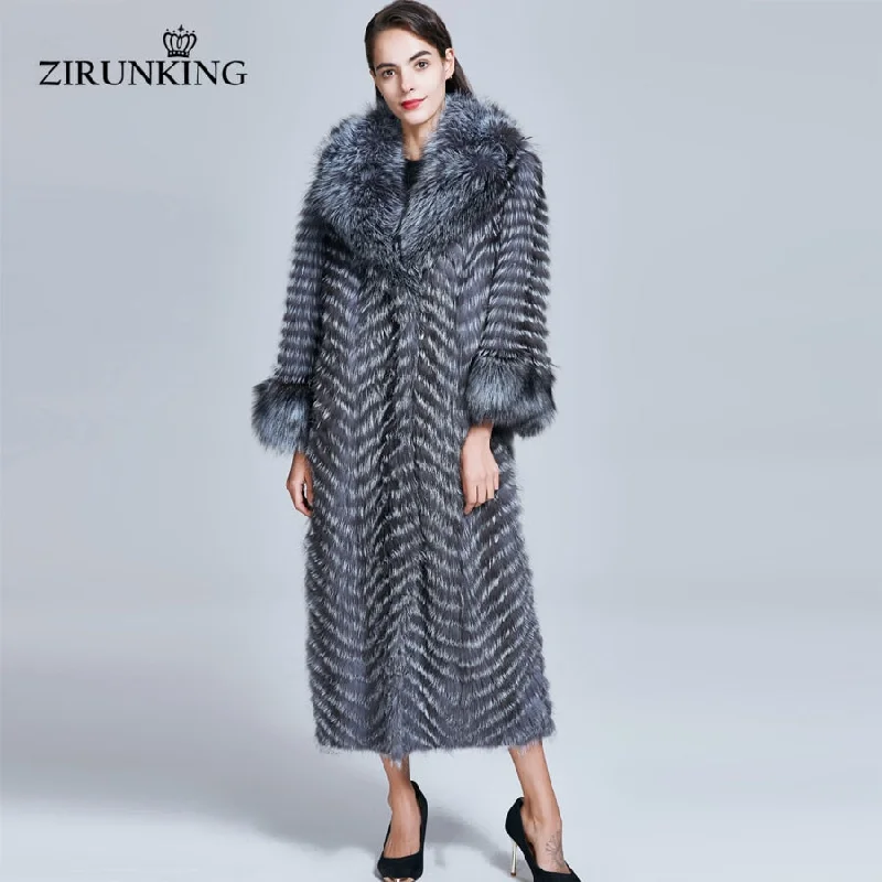 high-fashion coatZIRUNKING Long Real Fur Coat Women Natural Silver Fox Fur Coats Female Fox Parkas Outwear Women Clothes ZC1728