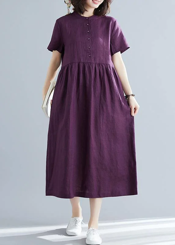 Hot Deal stylish dressWomen purple linen cotton clothes For Women plus size Fashion Ideas o neck large hem Maxi Summer Dresses