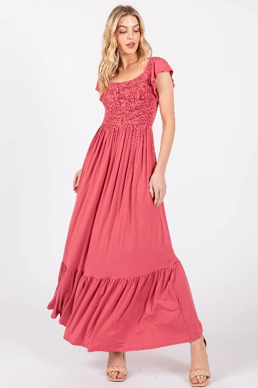 Seasonal Sale comfy maxi dressMagenta Smocked Ruffle Hem Maxi Dress