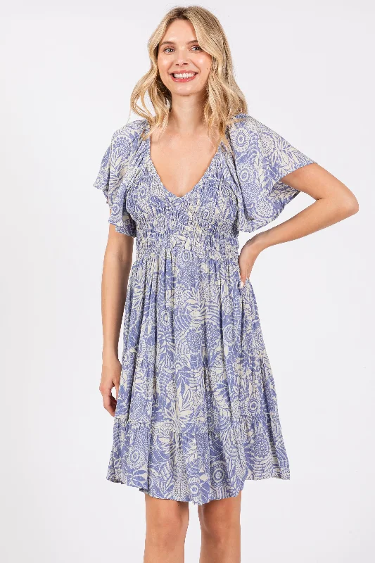Grand Opening Sale office dressBlue Floral Smocked Dress