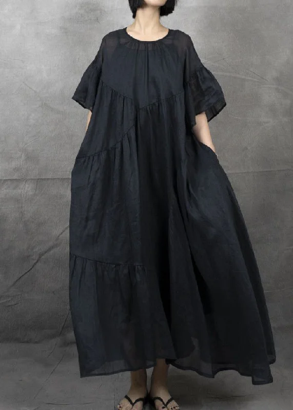 long-sleeve floral dressBohemian Black Wrinkled Patchwork Maxi Dress Short Sleeve