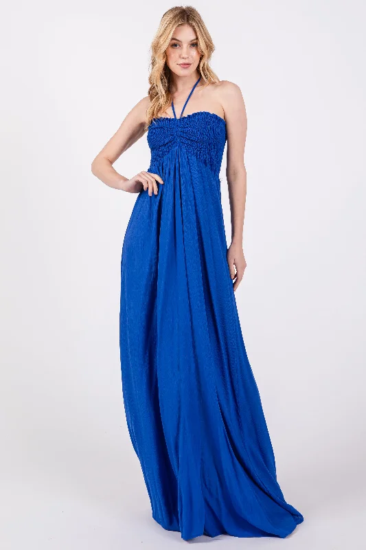 Bargain Bin chic wrap dressRoyal Blue Smocked Halter Maxi Dress
