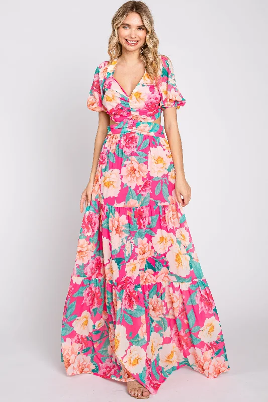 Stock Up and Save silk dressFuchsia Floral Chiffon Front Sweetheart Neck Lace-Up Back Tiered Maxi Dress Stock Up and Save silk dressFuchsia Floral Chiffon Front Sweetheart Neck Lace-Up Back Tiered Maxi Dress