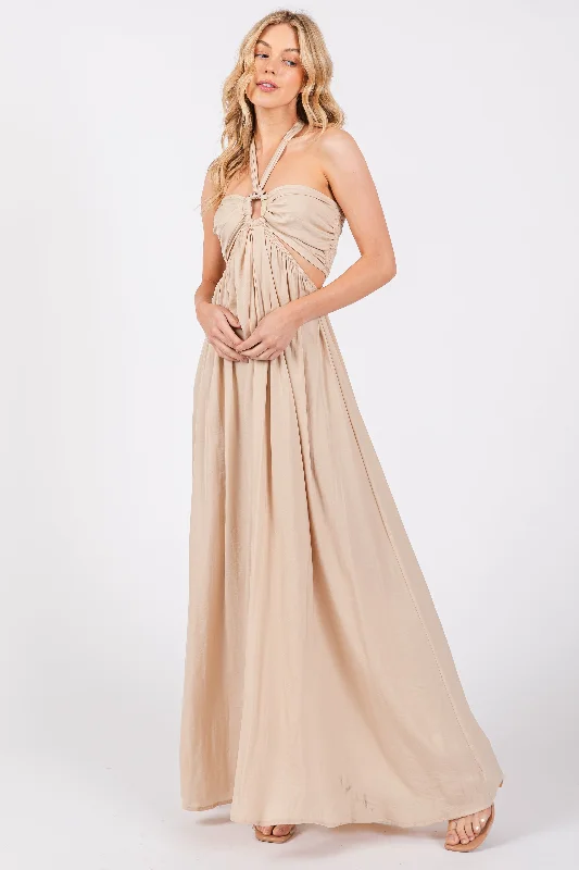 Final Clearance formal dressBeige Halter Cutout Maxi Dress