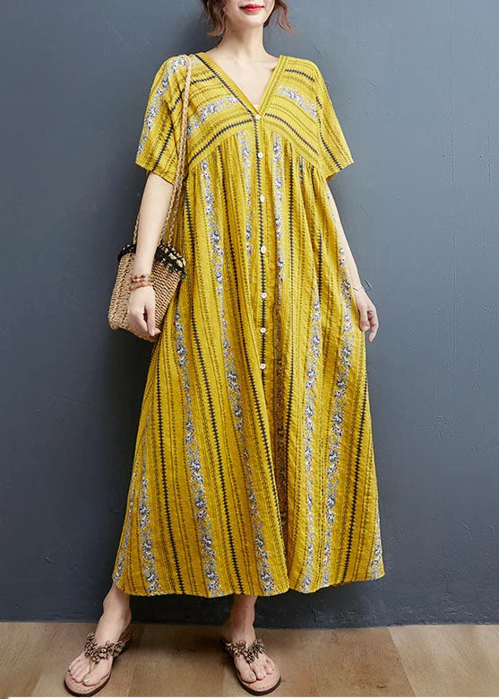 Hurry In shift dressBohemian Yellow V Neck Print Cotton Holiday Dress Short Sleeve