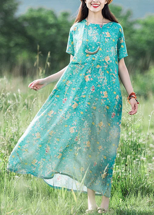 Don’t Miss Out comfy maxi dress2024 Green O-Neck Print Linen Dress Short Sleeve