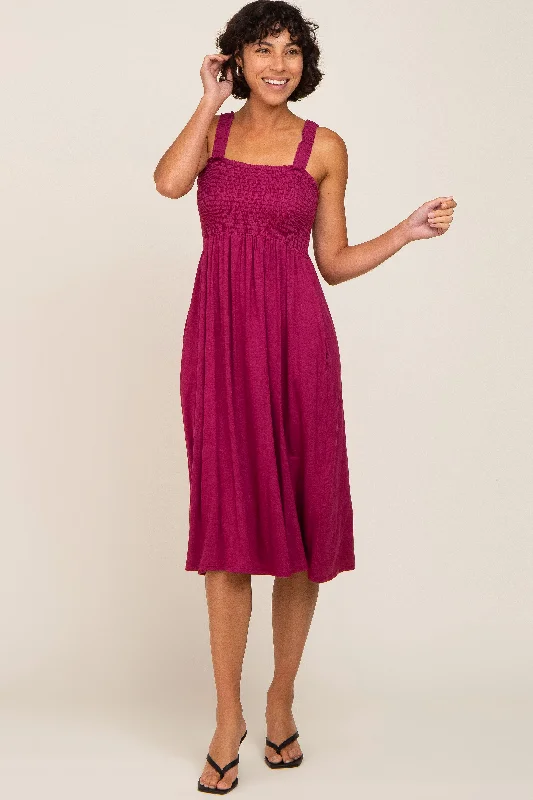 Deal Dash boho dressMagenta Smocked Ruffle Strap Midi Dress