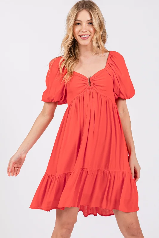 Crazy Savings lace dressRed U Notched Bubble Short Sleeve Dress