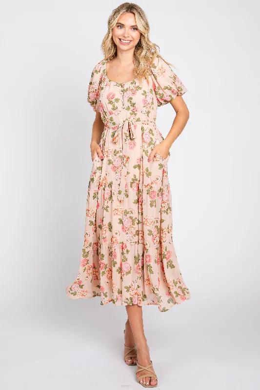 Limited Availability casual dressPink Floral Button Puff Sleeve Midi Dress